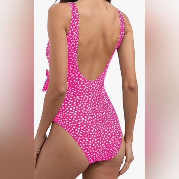 One Piece Swimsuit Low Back Tummy Control Ruched Retro Bathing Suit V Neck Wrap - Picture 2 of 8